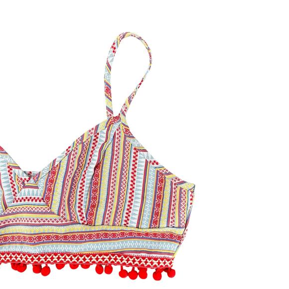 Boho Festival Red Crop Top Halter Adjustable Straps Pom Pom Fringe Zips Large - Picture 3 of 8